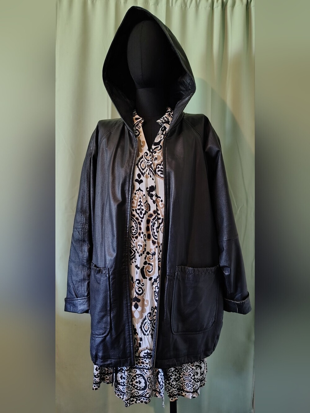 Jacqueline Ferrar 80s Vintage Black Leather Hooded Jacket Women Coat Medium